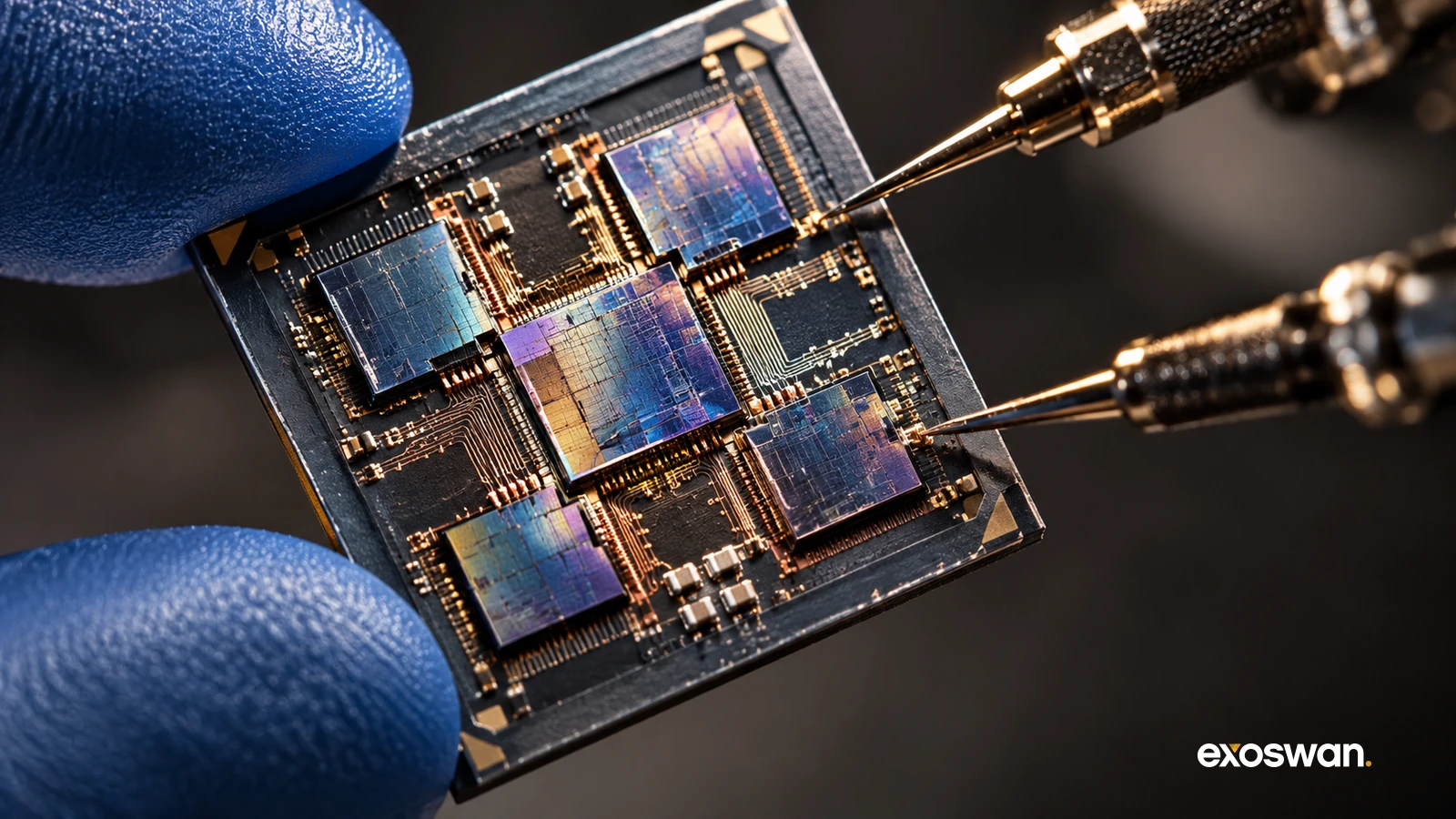 Macro concept image of a chiplet package under laboratory inspection.