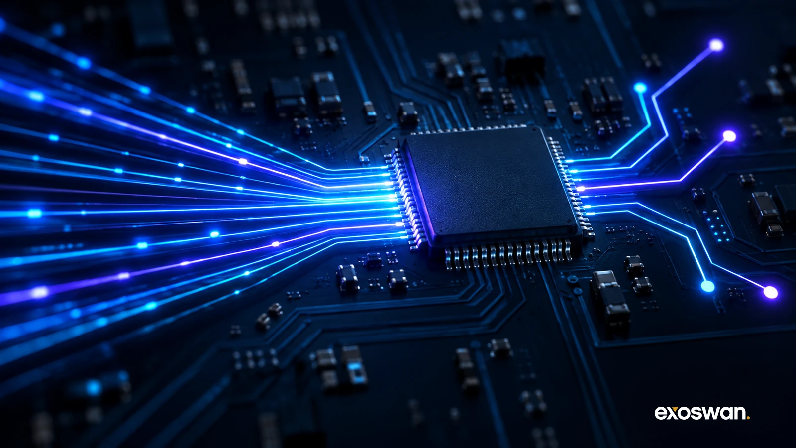 Concept illustration of a processor with luminous blue and violet signal paths.