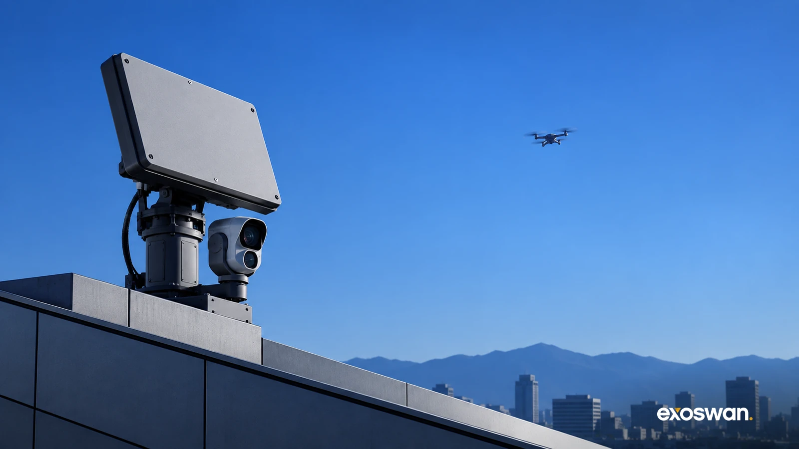 Concept image of rooftop airspace-monitoring sensors with a distant drone.