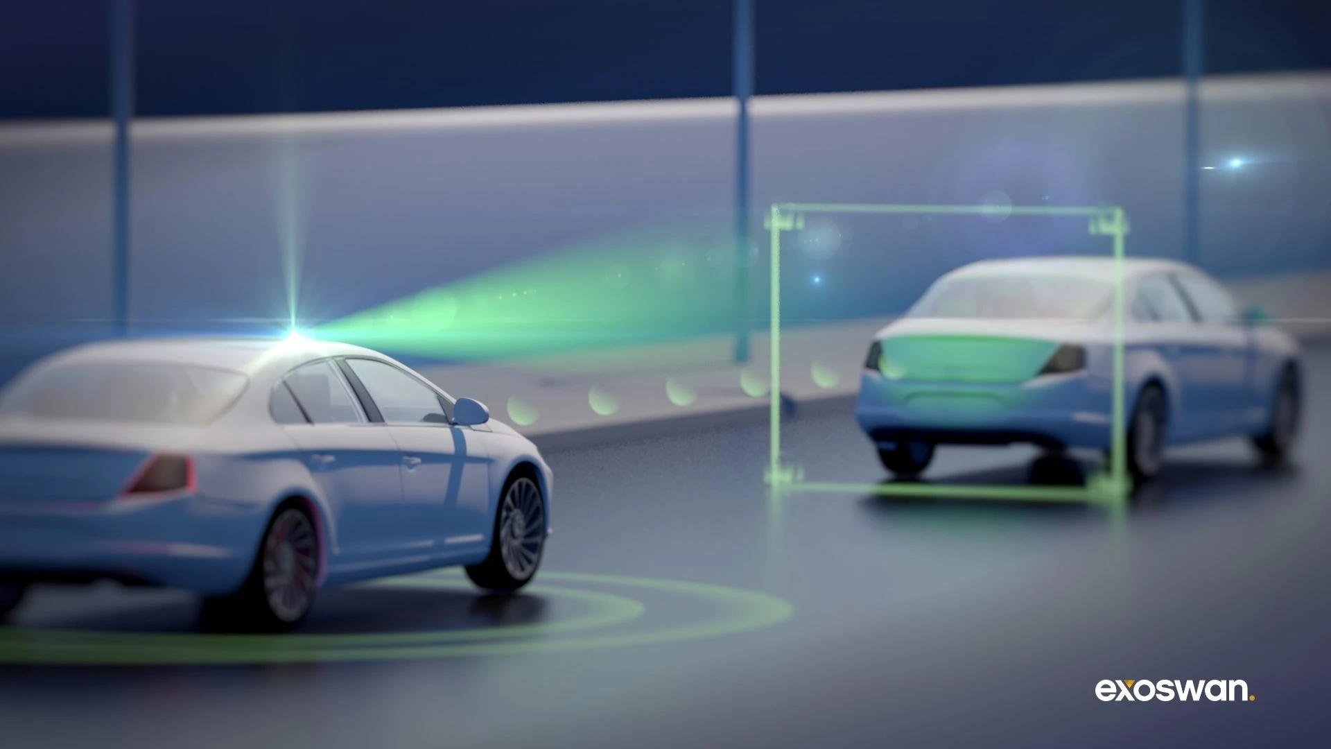 Illustration of two vehicles with sensor detection graphics.