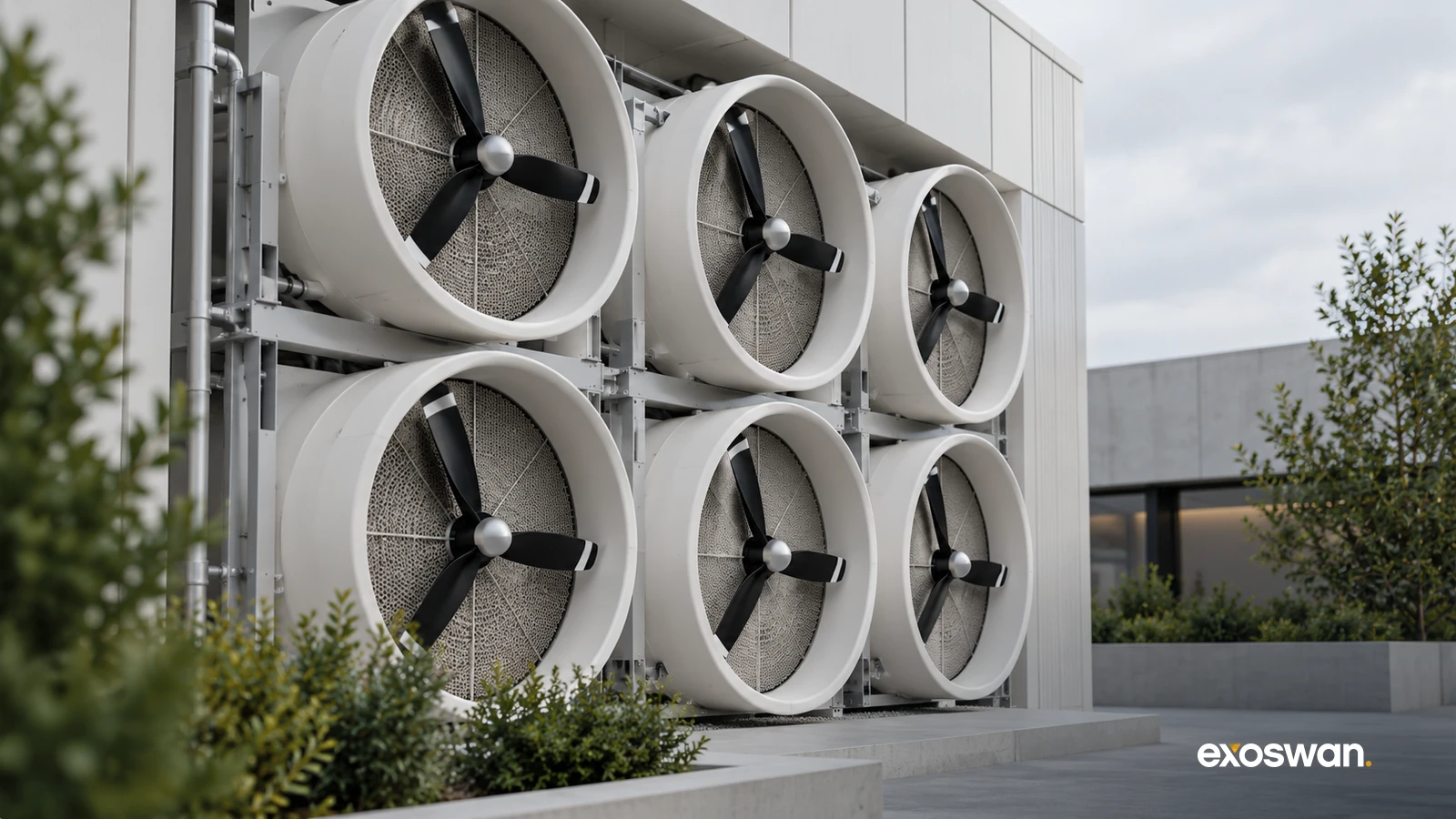 Concept image of direct-air-capture fan modules at an industrial facility.