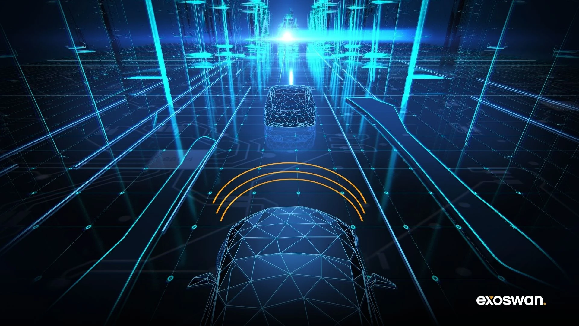 Digital illustration of vehicles and road geometry detected by a vision system.