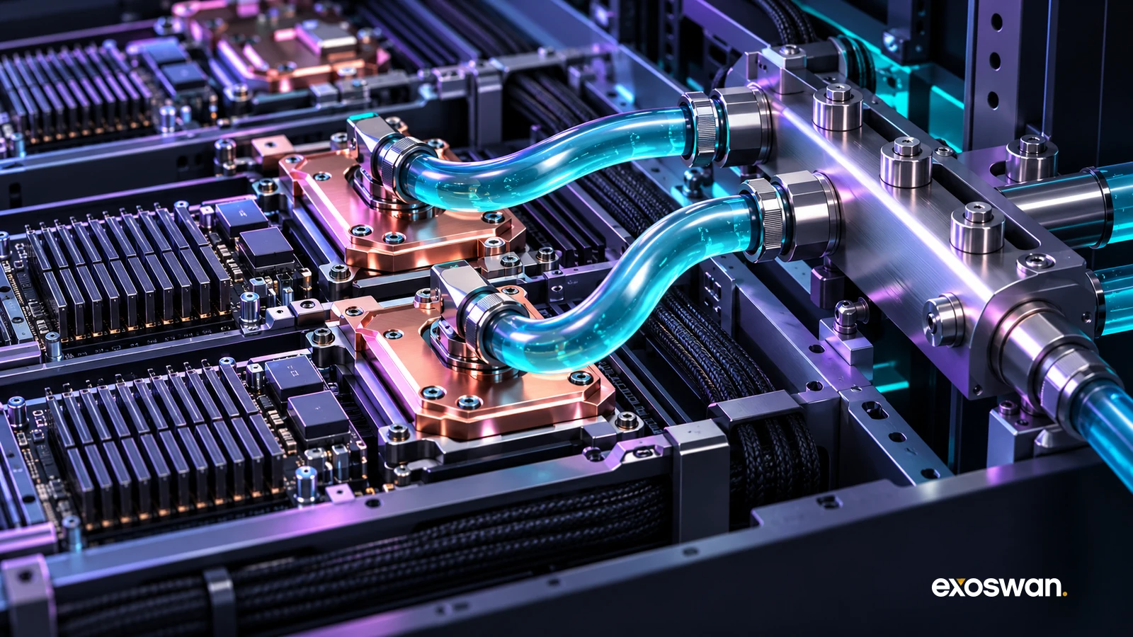 Concept image of coolant tubes connected to copper cold plates inside a compute rack.