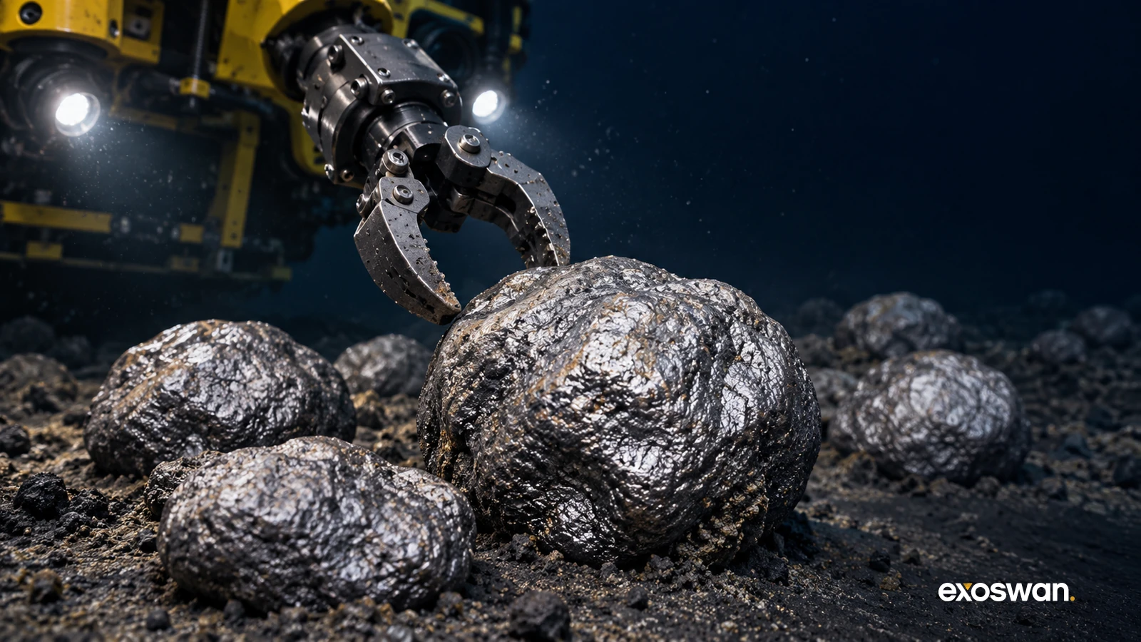Concept image of seabed mineral nodules beside an underwater vehicle's manipulator.