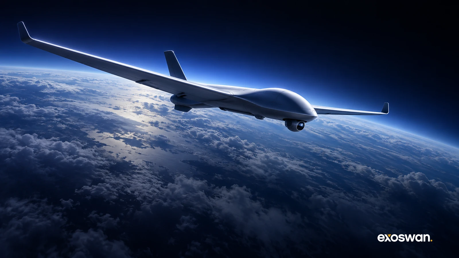 Concept illustration of an autonomous reconnaissance aircraft above clouds.