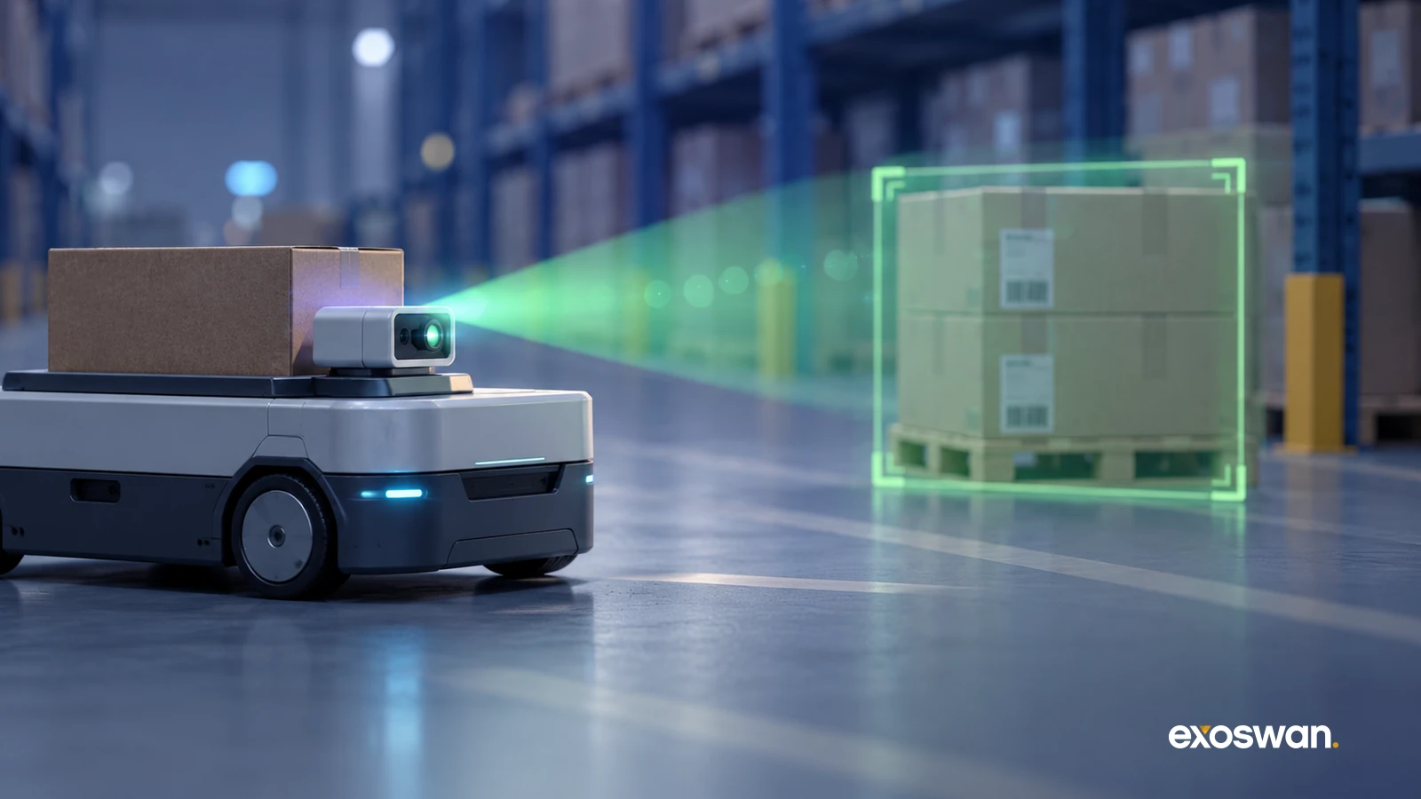 Concept illustration of an autonomous warehouse cart detecting a box ahead.