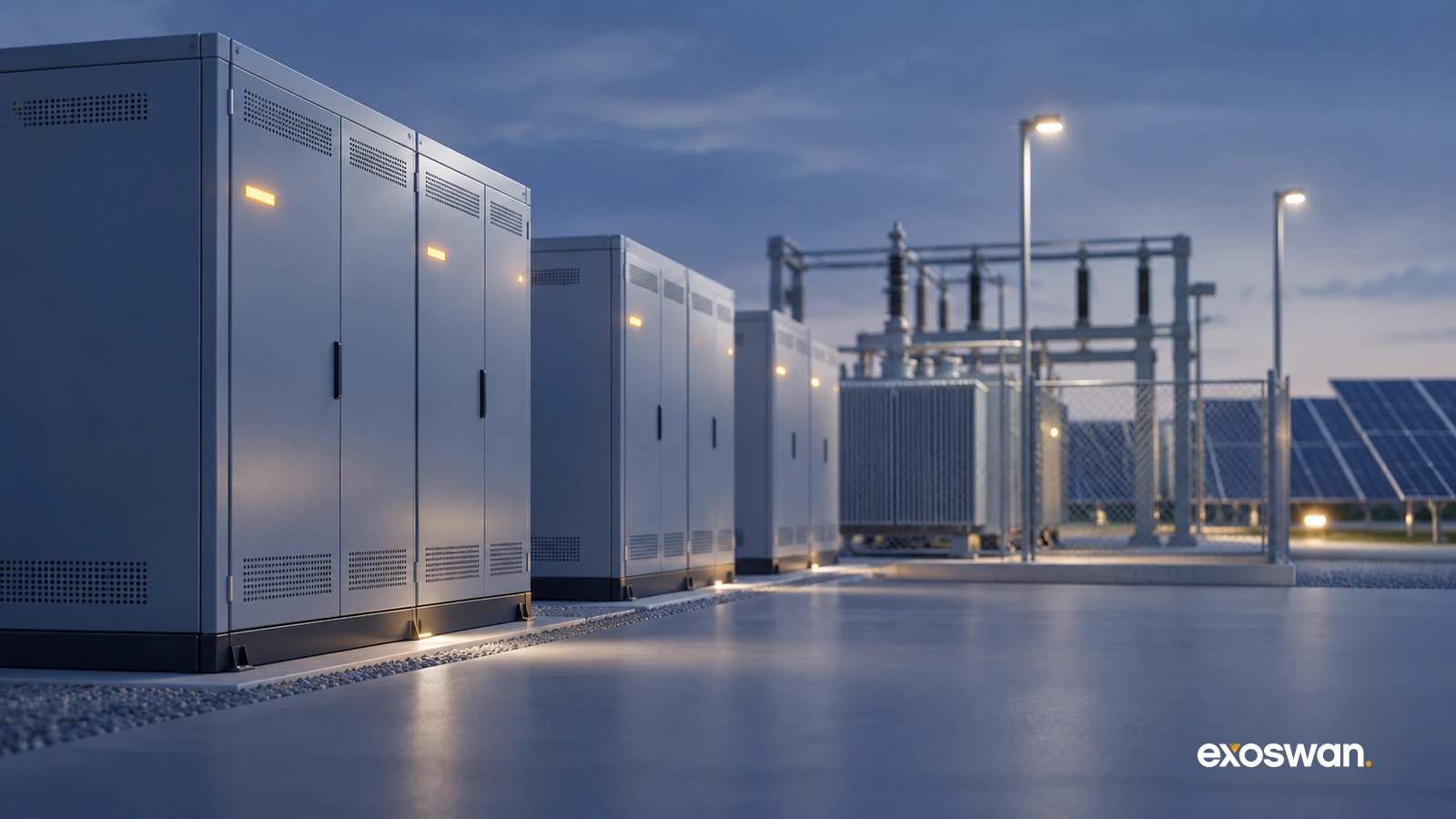 Concept image of grid battery cabinets beside electrical infrastructure.
