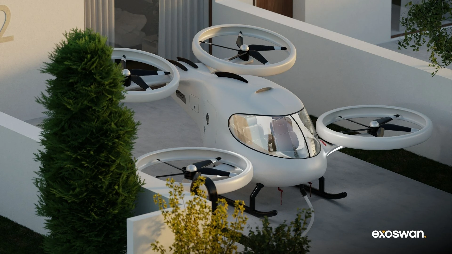 Illustration of an electric air taxi beside a landscaped building.