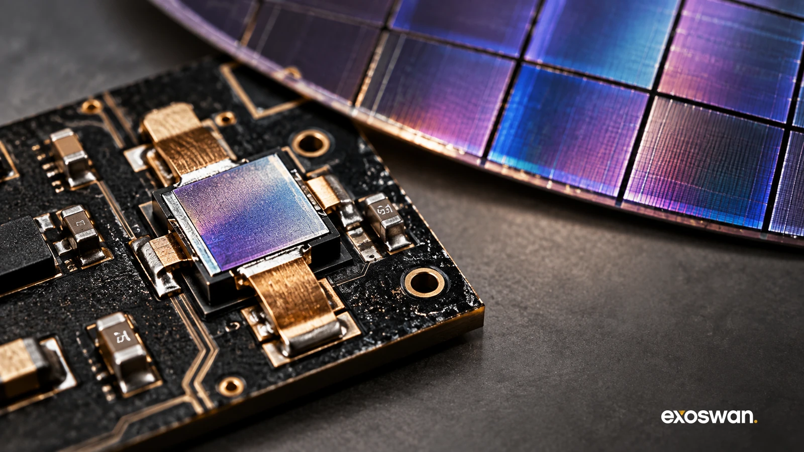 Concept image of a power semiconductor with a wafer segment in the background.