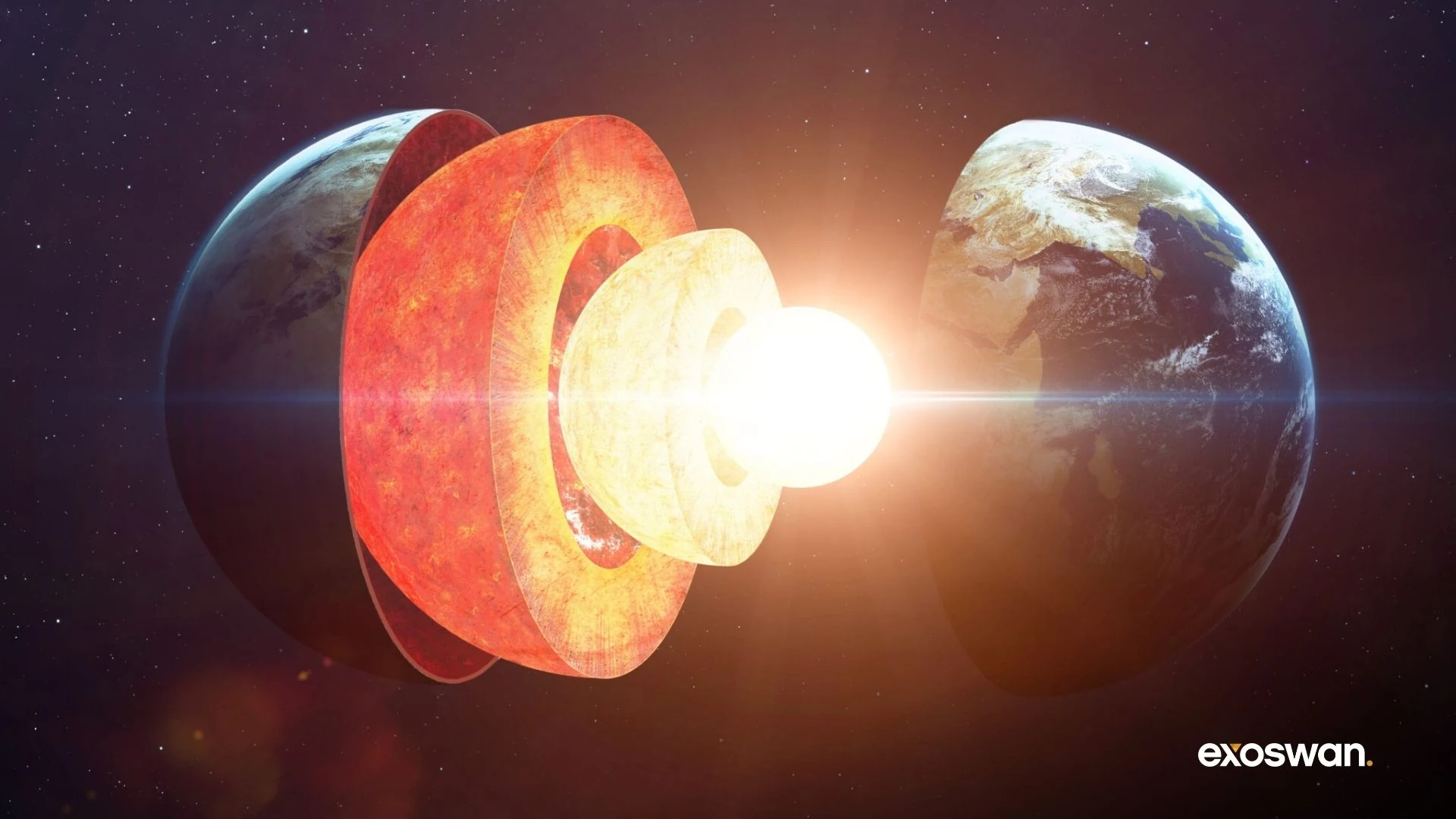 Exploded illustration of Earth showing its hot interior layers.