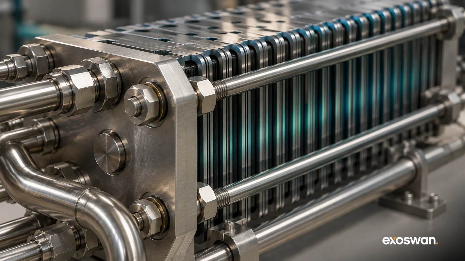 Concept image of an electrolyzer stack with repeated metal plates and piping.