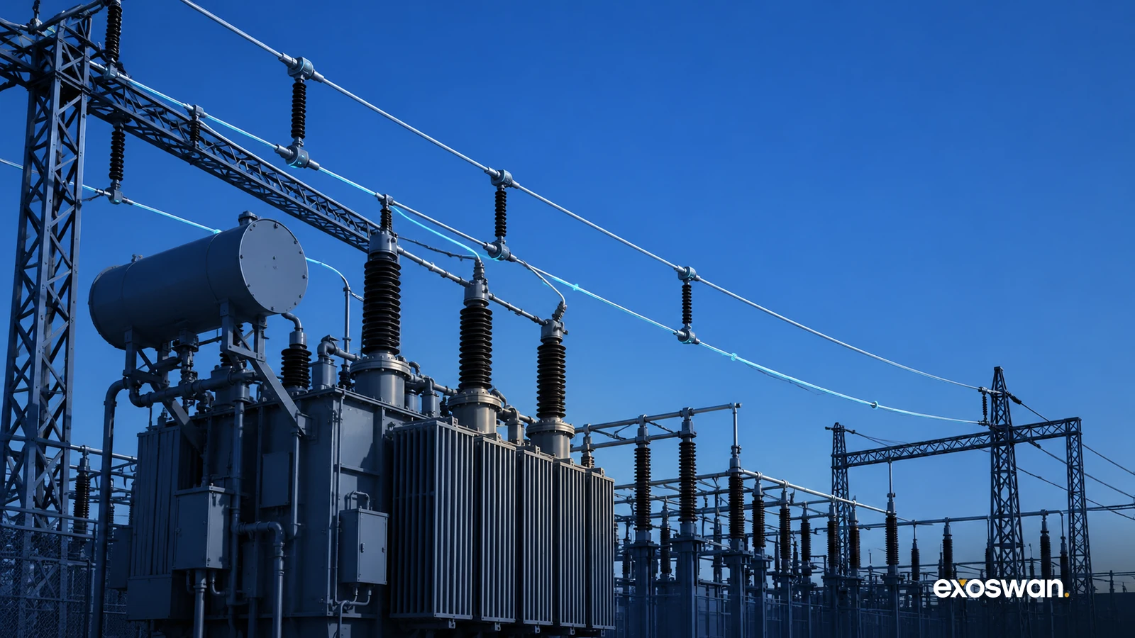 Concept image of electrical substation equipment beneath a muted blue sky.