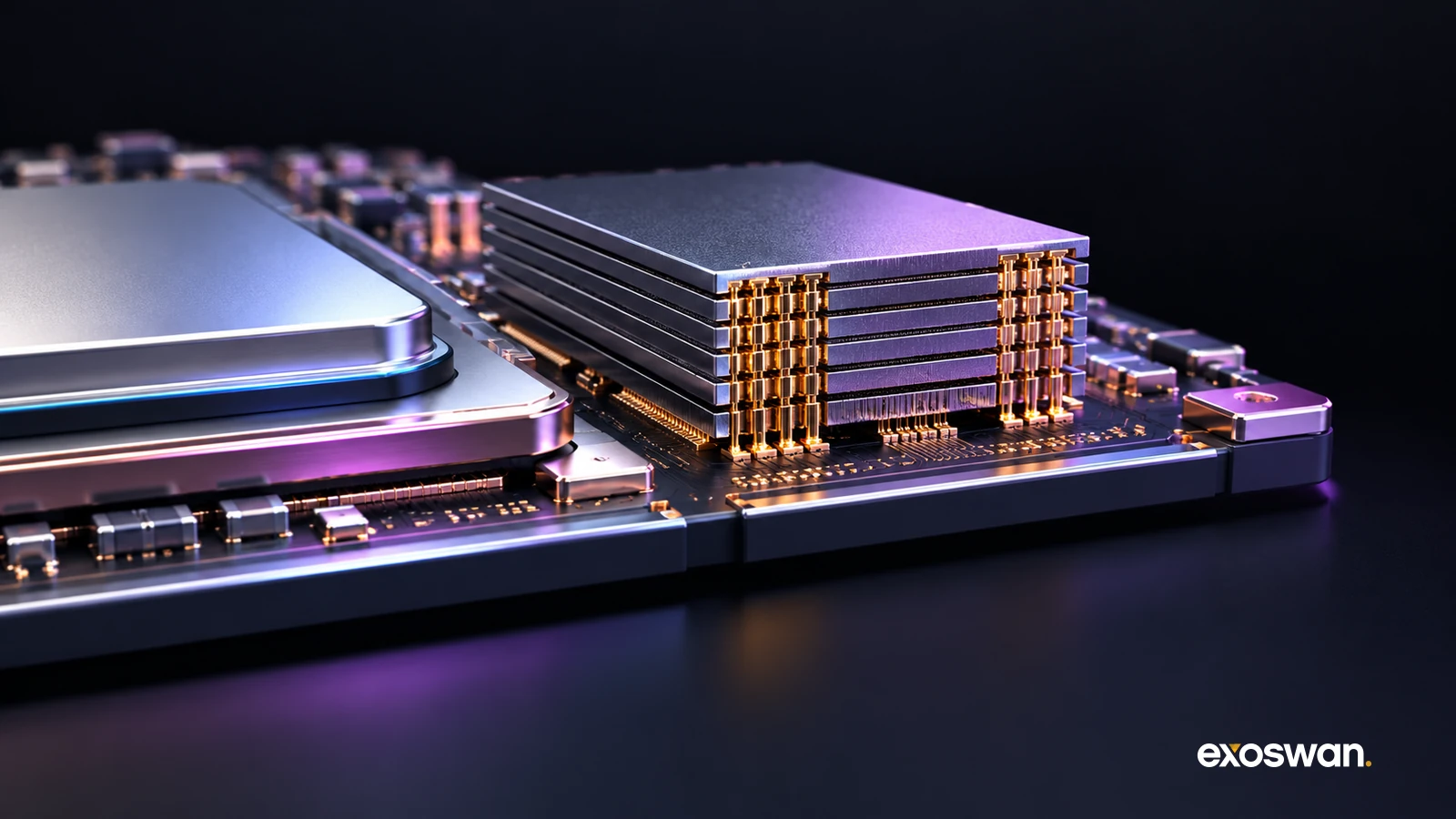Concept illustration of stacked memory dies and a processor on an interposer.