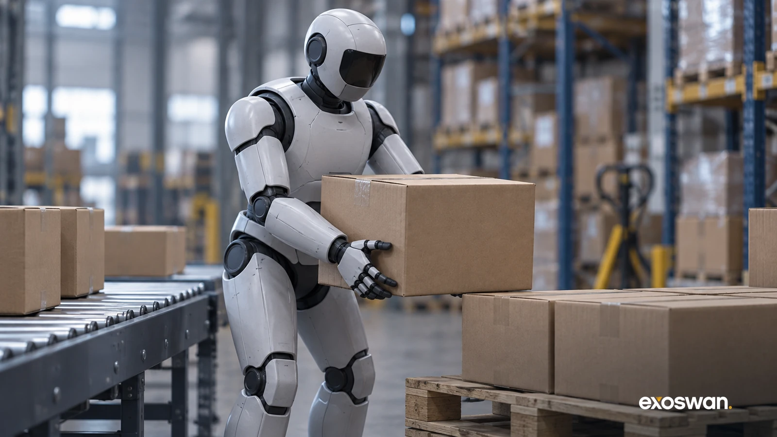 Concept image of a humanoid robot moving a cardboard box from a conveyor to a pallet.