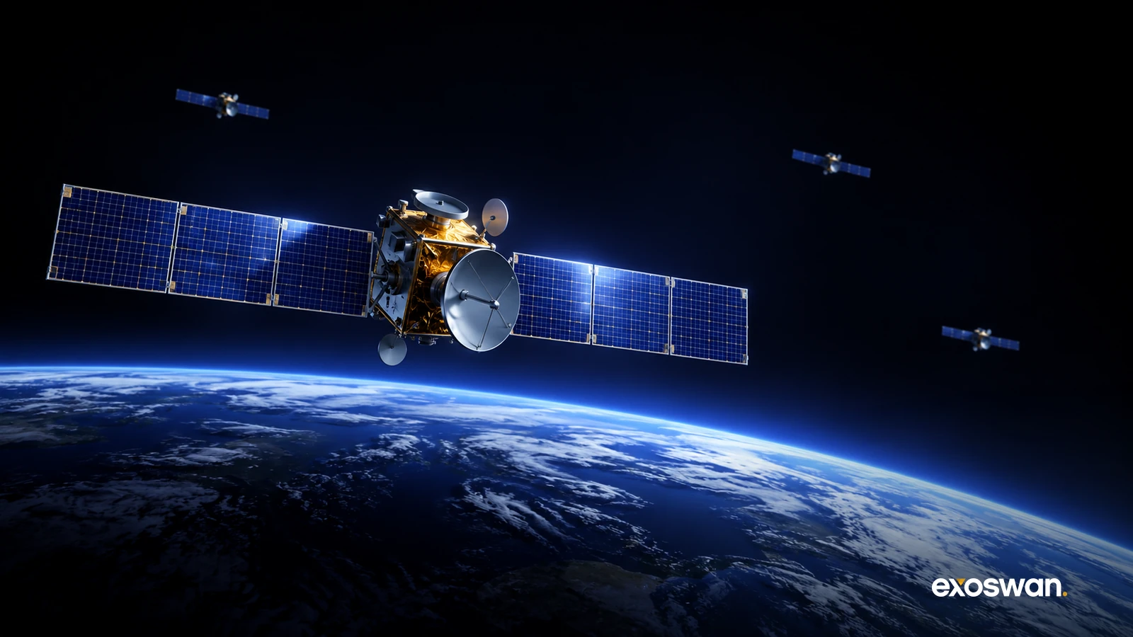 Concept illustration of communications satellites above Earth's atmospheric limb.