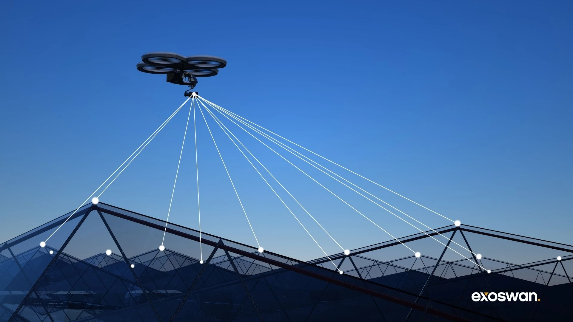 Illustration of a drone scanning structures beneath a blue sky.