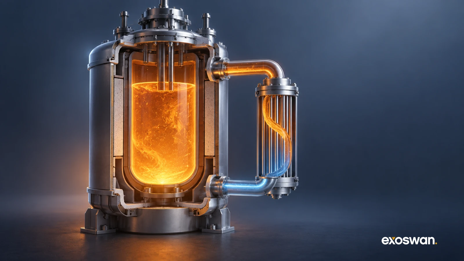 Concept illustration of a molten-salt reactor vessel with an amber interior cutaway.