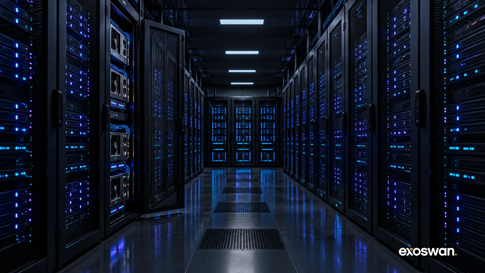 Concept image of GPU server racks lining a data-center aisle.