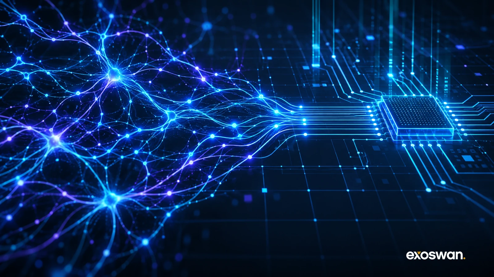 Concept illustration of neural branches transitioning into microchip pathways.