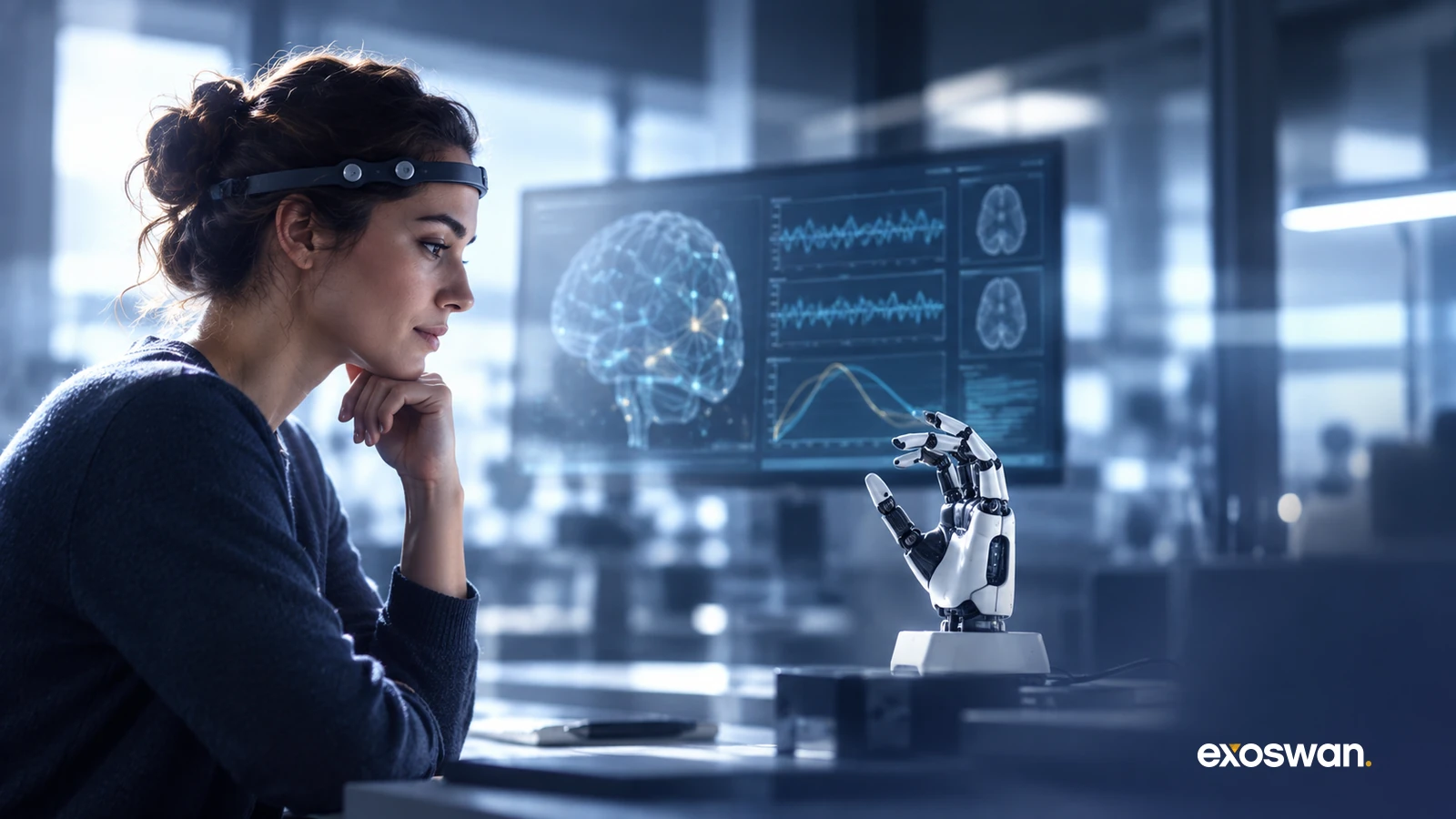 Concept image of a person wearing a brain-sensing headband beside a robotic hand.