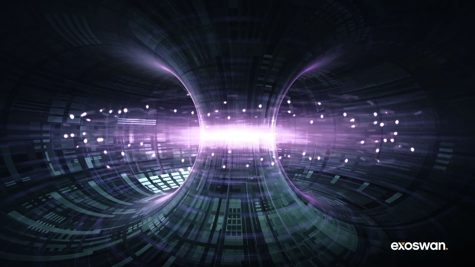 Abstract illustration of purple light and particles in a curved digital space.
