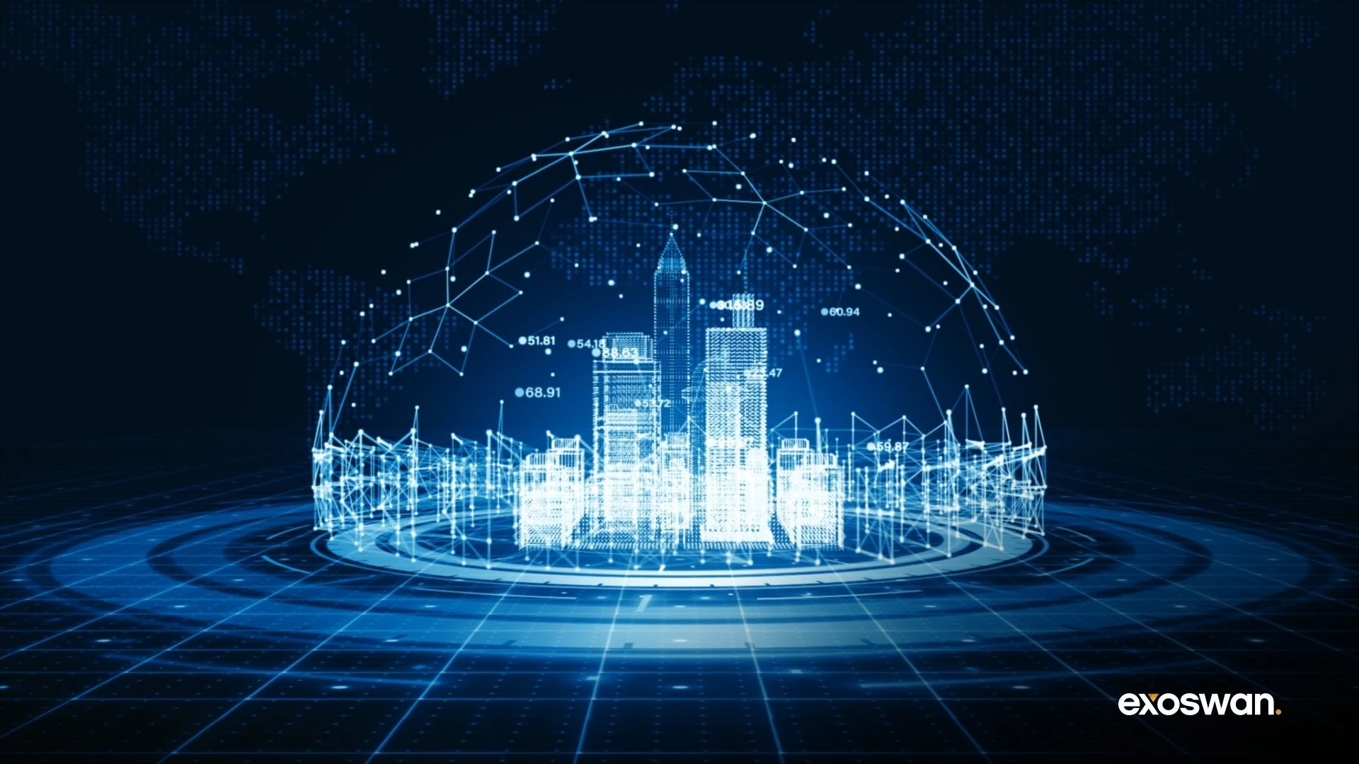 Illustration of a connected city rendered as a blue digital network.