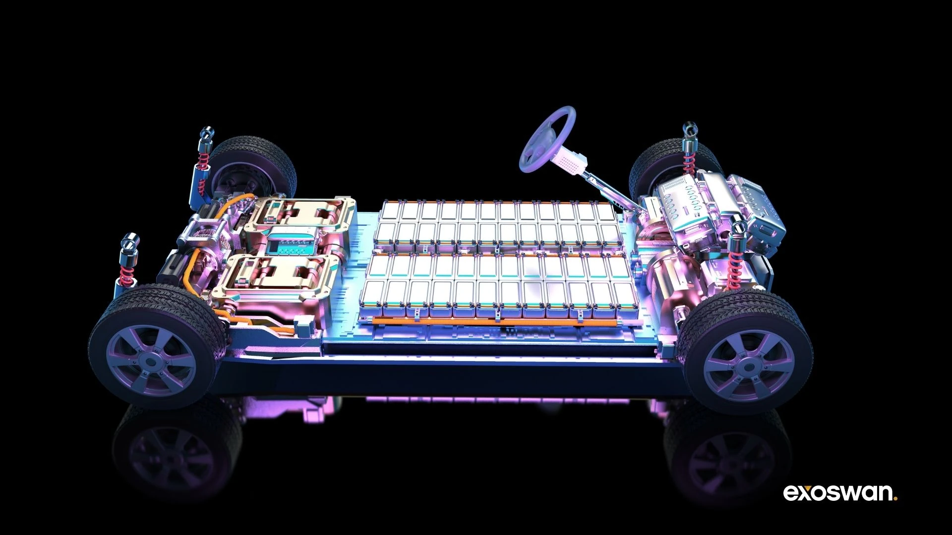 Illustration of an electric vehicle chassis and battery pack.