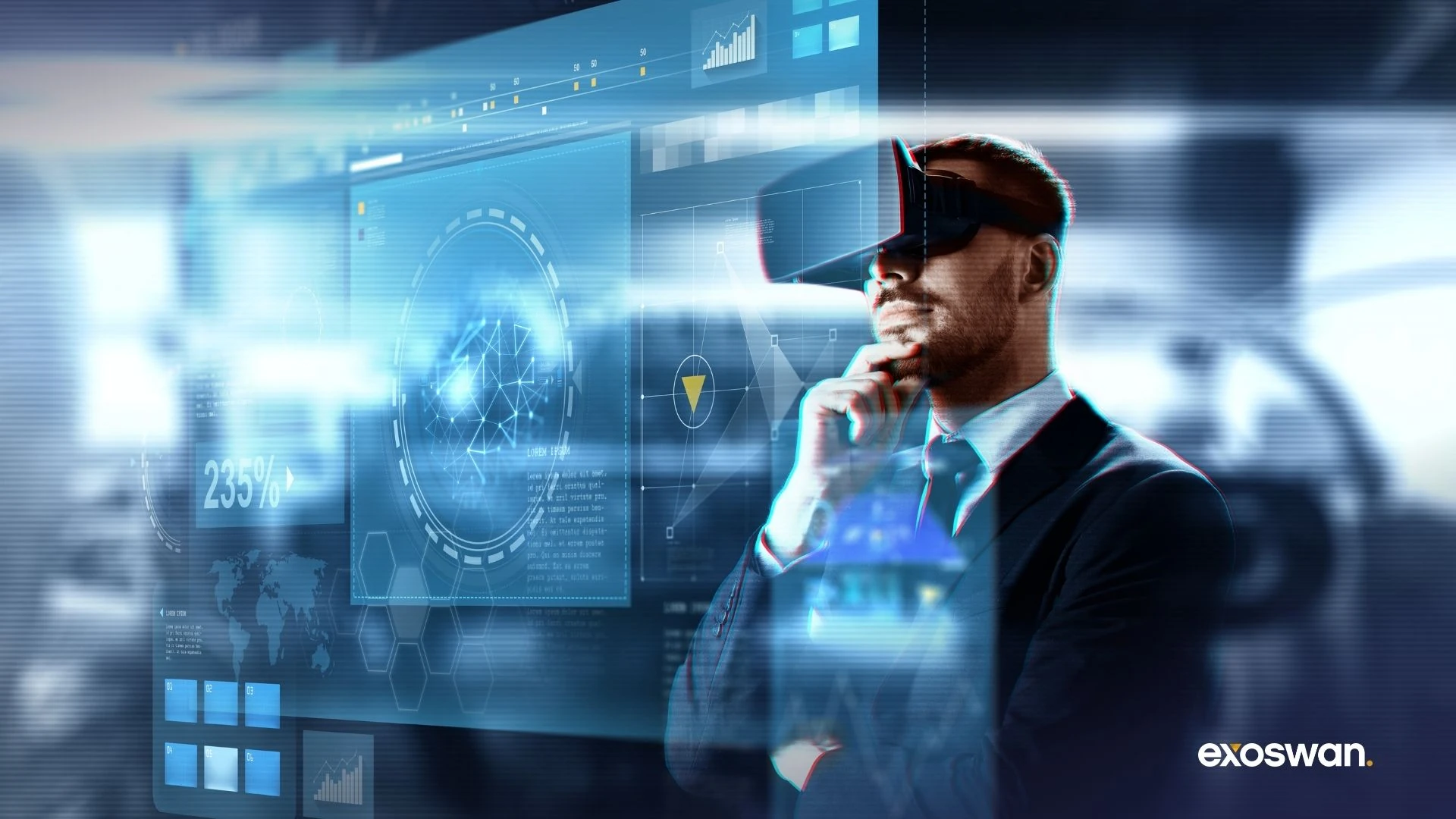 Person wearing a virtual-reality headset with digital interface graphics.