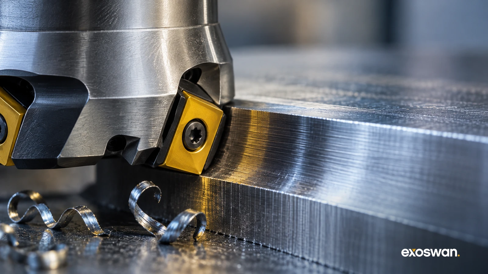 Concept image of a carbide cutting tool beside machined metal and shavings.