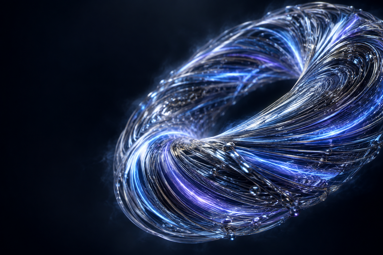 A sculptural loop of luminous blue and violet energy filaments