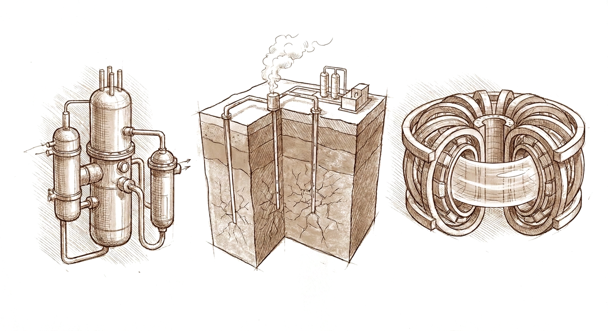 SMRs, EGS and fusion — sepia technical etchings