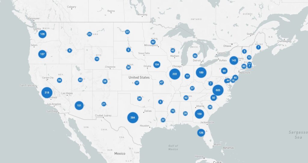 Map of Data Center Counts USA