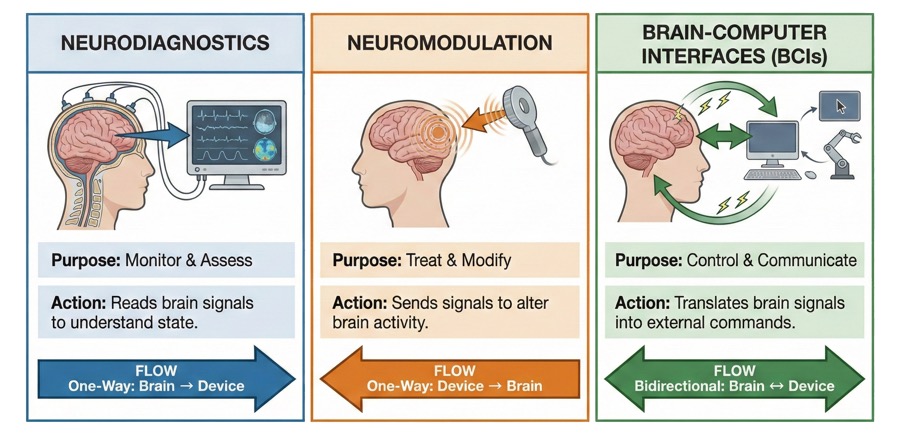 Comparison of differences between Neuromodulation, Neurodiagnostics, and Brain-Computer Interfaces