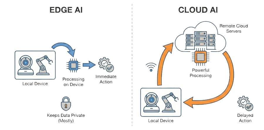 Diagram of Edge AI vs Cloud AI in Latency and Location