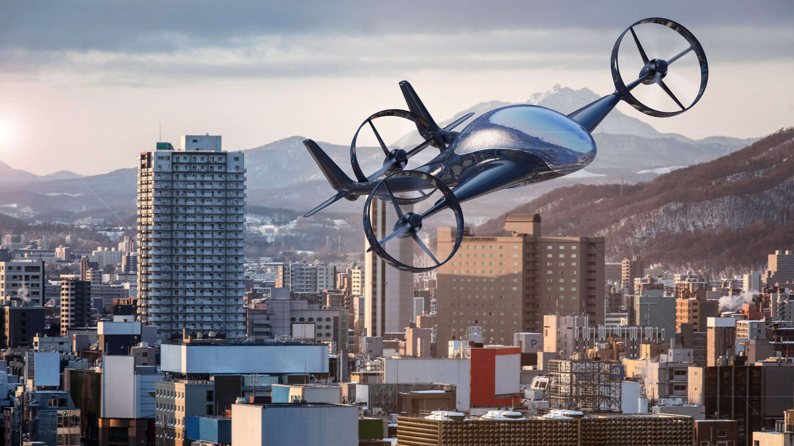 Personal Air Vehicle Flying Above The Cityscape, Flying Car Of The Future 3d Concept, Futuristic Vehicle In The City, Air Car Concept - 3D Rendering