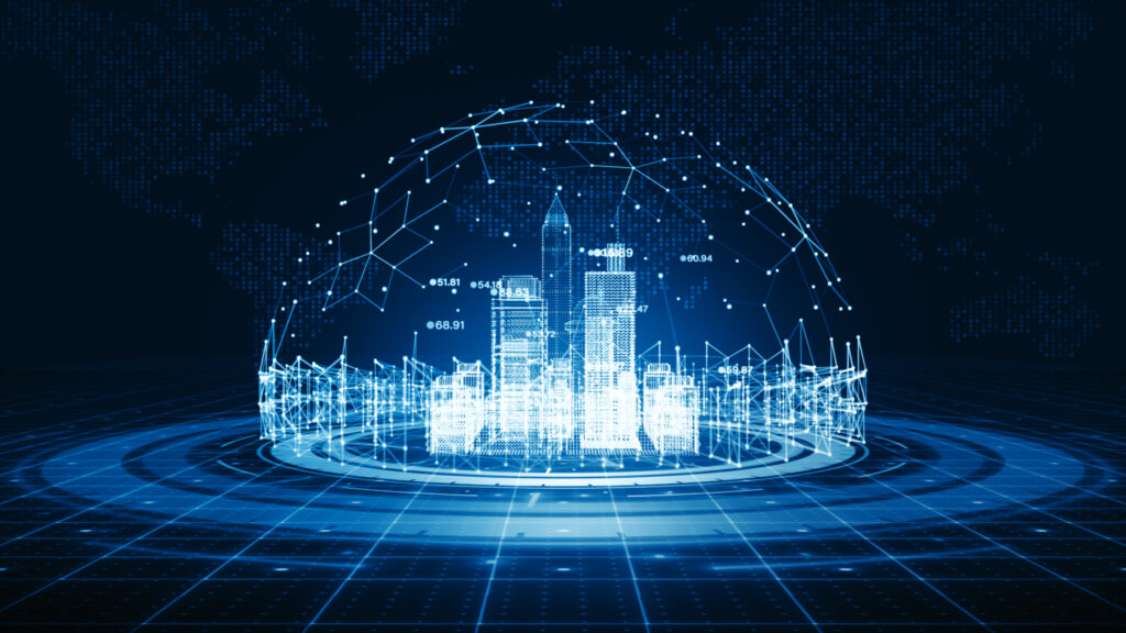Smart city with technology network Internet of things and social media connection, Technology high speed internet connection, Worldwide digital data connection abstract background. 3d rendering