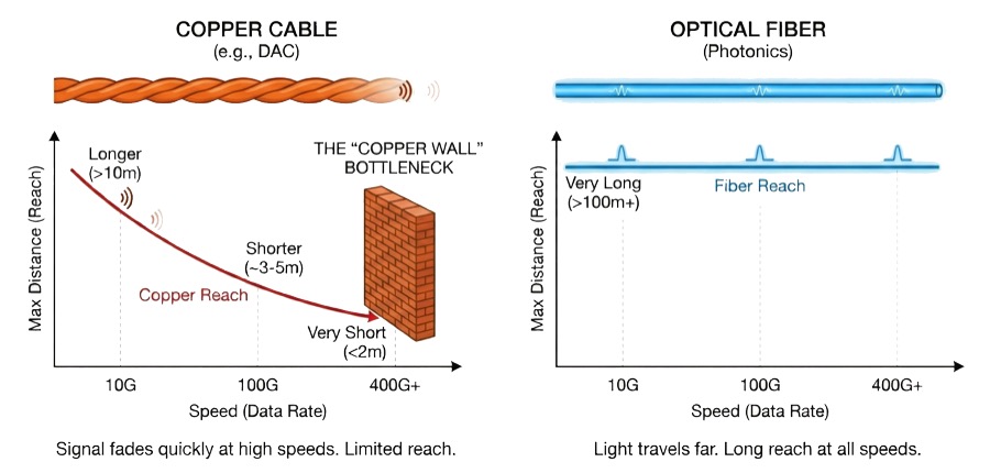 Diagram showing why photonics is the solution to the Copper Wall bottleneck