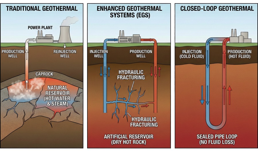 Diagram of Traditional Geothermal vs EGS vs Closed-Loop